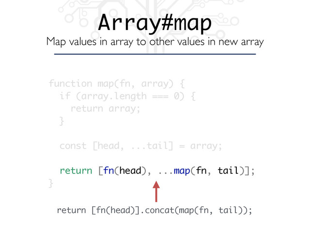 Array#map
Map values in array to other values in new array
function map(fn, array) {
if (array.length === 0) {
return array;
}
const [head, ...tail] = array;
return [fn(head), ...map(fn, tail)];
}
return [fn(head)].concat(map(fn, tail));
