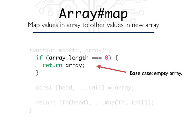 Array#map
Map values in array to other values in new array
function map(fn, array) {
if (array.length === 0) {
return array;
}
const [head, ...tail] = array;
return [fn(head), ...map(fn, tail)];
}
Base case: empty array.
