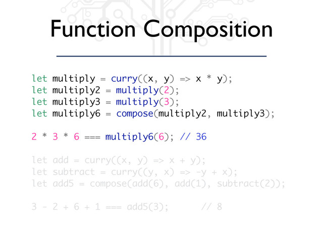 Function Composition
let multiply = curry((x, y) => x * y);
let multiply2 = multiply(2);
let multiply3 = multiply(3);
let multiply6 = compose(multiply2, multiply3);
2 * 3 * 6 === multiply6(6); // 36
let add = curry((x, y) => x + y);
let subtract = curry((y, x) => -y + x);
let add5 = compose(add(6), add(1), subtract(2));
3 - 2 + 6 + 1 === add5(3); // 8
