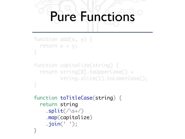 Pure Functions
function add(x, y) {
return x + y;
}
function capitalize(string) {
return string[0].toUpperCase() +
string.slice(1).toLowerCase();
}
function toTitleCase(string) {
return string
.split(/\s+/)
.map(capitalize)
.join(' ');
}
