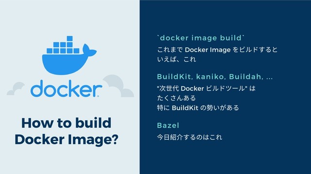 How to build
Docker Image?
`docker image build`
これまで Docker Image
をビルドすると
いえば、これ
BuildKit, kaniko, Buildah, ...
"
次世代 Docker
ビルドツール"
は
たくさんある
特に BuildKit
の勢いがある
Bazel
今⽇紹介するのはこれ
