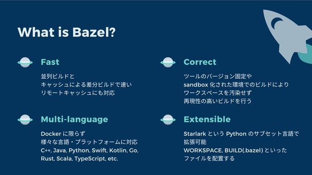 What is Bazel?
Fast
並列ビルドと
キャッシュによる差分ビルドで速い
リモートキャッシュにも対応
Correct
ツールのバージョン固定や
sandbox
化された環境でのビルドにより
ワークスペースを汚染せず
再現性の⾼いビルドを⾏う
Multi-language
Docker
に限らず
様々な⾔語・プラットフォームに対応
C++, Java, Python, Swift, Kotlin, Go,
Rust, Scala, TypeScript, etc.
Extensible
Starlark
という Python
のサブセット⾔語で
拡張可能
WORKSPACE, BUILD(.bazel)
といった
ファイルを配置する
