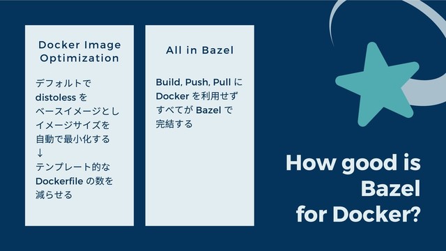 How good is
Bazel
for Docker?
Docker Image
Optimization
デフォルトで
distoless
を
ベースイメージとし
イメージサイズを
⾃動で最⼩化する
↓
テンプレート的な
Dockerfile
の数を
減らせる
All in Bazel
Build, Push, Pull
に
Docker
を利⽤せず
すべてが Bazel
で
完結する
