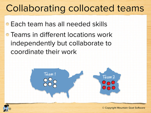 © Copyright Mountain Goat Software
®
Team 1 Team 2
Team 1 Team 2
Collaborating collocated teams
Each team has all needed skills
Teams in diﬀerent locations work
independently but collaborate to
coordinate their work
