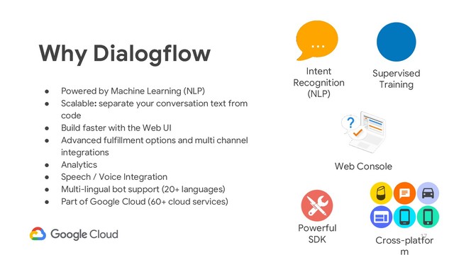 17
Why Dialogflow
● Powered by Machine Learning (NLP)
● Scalable: separate your conversation text from
code
● Build faster with the Web UI
● Advanced fulfillment options and multi channel
integrations
● Analytics
● Speech / Voice Integration
● Multi-lingual bot support (20+ languages)
● Part of Google Cloud (60+ cloud services)
Intent
Recognition
(NLP)
...
Web Console
Powerful
SDK
Supervised
Training
Cross-platfor
m
