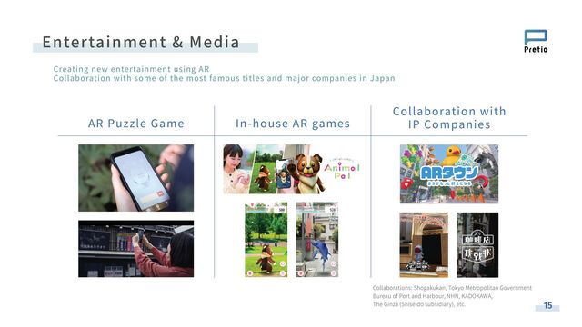AR Puzzle Game In-house AR games
Collaboration with
IP Companies
Collaborations: Shogakukan, Tokyo Metropolitan Government
Bureau of Port and Harbour, NHN, KADOKAWA,
The Ginza (Shiseido subsidiary), etc.
Entertainment & Media
15
Creating new entertainment using AR
Collaboration with some of the most famous titles and major companies in Japan
