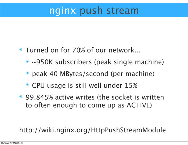 nginx push stream
๏ Turned on for 70% of our network...
๏ ~950K subscribers (peak single machine)
๏ peak 40 MBytes/second (per machine)
๏ CPU usage is still well under 15%
๏ 99.845% active writes (the socket is written
to often enough to come up as ACTIVE)
http://wiki.nginx.org/HttpPushStreamModule
Sunday, 17 March, 13
