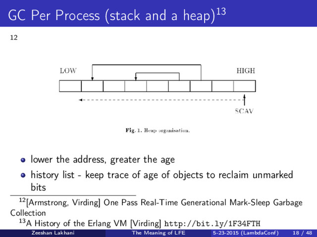 GC Per Process (stack and a heap)13
12
lower the address, greater the age
history list - keep trace of age of objects to reclaim unmarked
bits
12[Armstrong, Virding] One Pass Real-Time Generational Mark-Sleep Garbage
Collection
13A History of the Erlang VM [Virding] http://bit.ly/1F34FTH
Zeeshan Lakhani The Meaning of LFE 5-23-2015 (LambdaConf) 18 / 48
