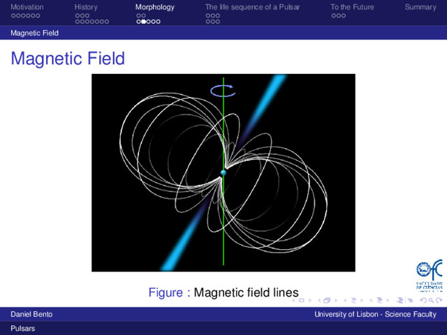 Motivation History Morphology The life sequence of a Pulsar To the Future Summary
Magnetic Field
Magnetic Field
Figure : Magnetic ﬁeld lines
Daniel Bento University of Lisbon - Science Faculty
Pulsars

