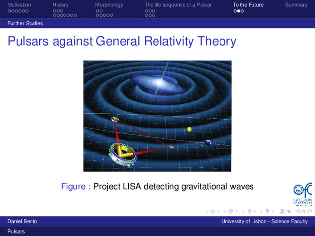 Motivation History Morphology The life sequence of a Pulsar To the Future Summary
Further Studies
Pulsars against General Relativity Theory
Figure : Project LISA detecting gravitational waves
Daniel Bento University of Lisbon - Science Faculty
Pulsars
