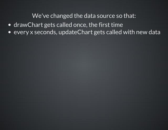 We've changed the data source so that:
drawChart gets called once, the first time
every x seconds, updateChart gets called with new data
