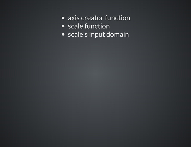 axis creator function
scale function
scale's input domain

