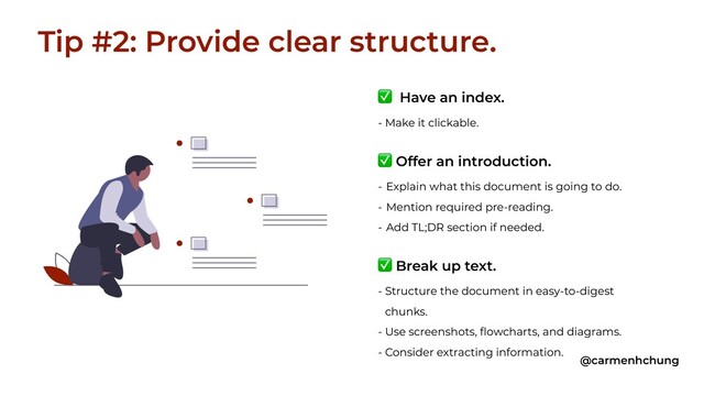 ✅ Have an index.
- Make it clickable.
✅ Offer an introduction.
- Explain what this document is going to do.
- Mention required pre-reading.
- Add TL;DR section if needed.
✅ Break up text.
- Structure the document in easy-to-digest
chunks.
- Use screenshots, flowcharts, and diagrams.
- Consider extracting information.
Tip #2: Provide clear structure.
@carmenhchung
