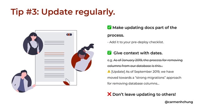 ✅ Make updating docs part of the
process.
- Add it to your pre-deploy checklist.
✅ Give context with dates.
e.g. As of January 2019, the process for removing
columns from our database is this…
⚠ [Update] As of September 2019, we have
moved towards a “strong migrations” approach
for removing database columns…
❌ Don’t leave updating to others!
Tip #3: Update regularly.
@carmenhchung
