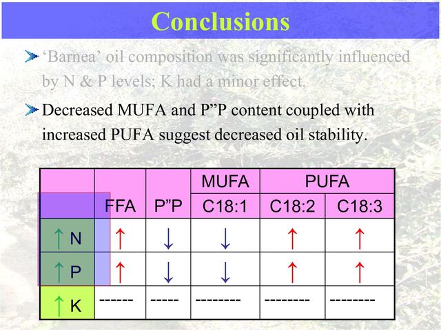 ‘Barnea’ oil composition was significantly influenced
by N & P levels; K had a minor effect.
Decreased MUFA and P”P content coupled with
increased PUFA suggest decreased oil stability.
Conclusions
PUFA
MUFA
P”P
FFA C18:3
C18:2
C18:1
↑
↑
↓
↓
↑
↑ N
↑
↑
↓
↓
↑
↑ P
--------
--------
--------
-----
------
↑ K
