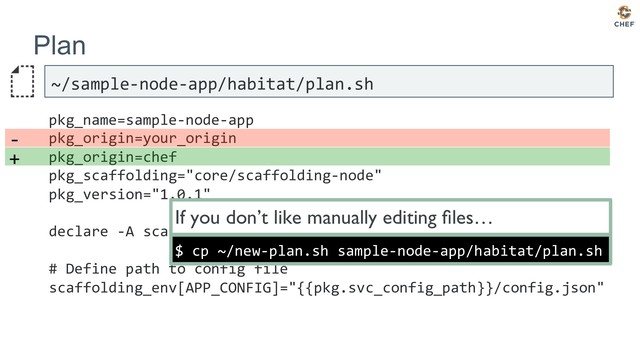 Plan
~/sample-node-app/habitat/plan.sh
pkg_name=sample-node-app
pkg_origin=your_origin
pkg_origin=chef
pkg_scaffolding="core/scaffolding-node"
pkg_version="1.0.1"
declare -A scaffolding_env
# Define path to config file
scaffolding_env[APP_CONFIG]="{{pkg.svc_config_path}}/config.json"
-
+
$ cp ~/new-plan.sh sample-node-app/habitat/plan.sh
If you don’t like manually editing ﬁles…
