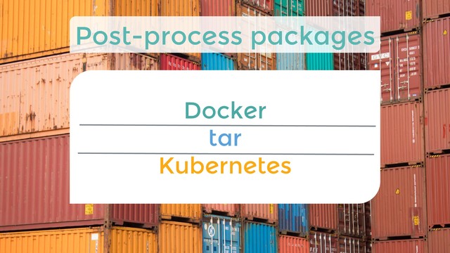 Docker
tar
Kubernetes
Post-process packages
