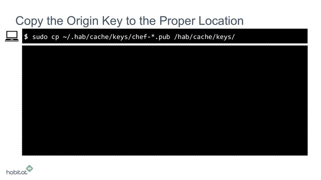 $
Copy the Origin Key to the Proper Location
sudo cp ~/.hab/cache/keys/chef-*.pub /hab/cache/keys/
