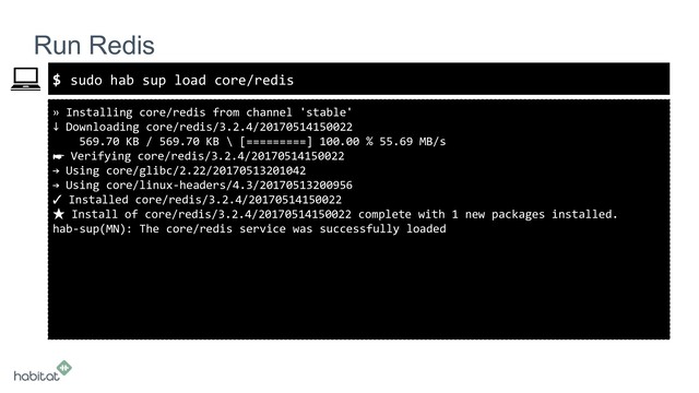$
» Installing core/redis from channel 'stable'
↓ Downloading core/redis/3.2.4/20170514150022
569.70 KB / 569.70 KB \ [=========] 100.00 % 55.69 MB/s
☛ Verifying core/redis/3.2.4/20170514150022
→ Using core/glibc/2.22/20170513201042
→ Using core/linux-headers/4.3/20170513200956
✓ Installed core/redis/3.2.4/20170514150022
★ Install of core/redis/3.2.4/20170514150022 complete with 1 new packages installed.
hab-sup(MN): The core/redis service was successfully loaded
Run Redis
sudo hab sup load core/redis
