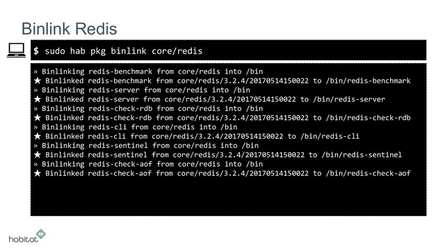$
» Binlinking redis-benchmark from core/redis into /bin
★ Binlinked redis-benchmark from core/redis/3.2.4/20170514150022 to /bin/redis-benchmark
» Binlinking redis-server from core/redis into /bin
★ Binlinked redis-server from core/redis/3.2.4/20170514150022 to /bin/redis-server
» Binlinking redis-check-rdb from core/redis into /bin
★ Binlinked redis-check-rdb from core/redis/3.2.4/20170514150022 to /bin/redis-check-rdb
» Binlinking redis-cli from core/redis into /bin
★ Binlinked redis-cli from core/redis/3.2.4/20170514150022 to /bin/redis-cli
» Binlinking redis-sentinel from core/redis into /bin
★ Binlinked redis-sentinel from core/redis/3.2.4/20170514150022 to /bin/redis-sentinel
» Binlinking redis-check-aof from core/redis into /bin
★ Binlinked redis-check-aof from core/redis/3.2.4/20170514150022 to /bin/redis-check-aof
Binlink Redis
sudo hab pkg binlink core/redis
