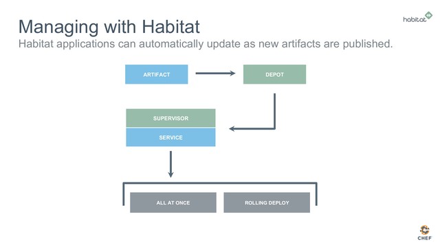 Managing with Habitat
Habitat applications can automatically update as new artifacts are published.
SERVICE
SUPERVISOR
ARTIFACT DEPOT
ALL AT ONCE ROLLING DEPLOY
