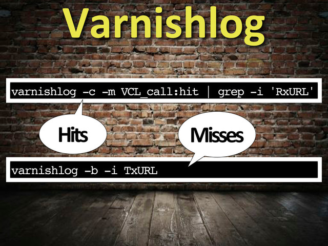 varnishlog -c -m VCL_call:hit | grep -i 'RxURL'
Varnishlog
varnishlog -b -i TxURL
Hits Misses
