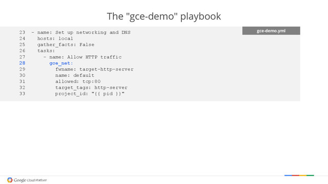 The "gce-demo" playbook
gce-demo.yml
23 - name: Set up networking and DNS
24 hosts: local
25 gather_facts: False
26 tasks:
27 - name: Allow HTTP traffic
28 gce_net:
29 fwname: target-http-server
30 name: default
31 allowed: tcp:80
32 target_tags: http-server
33 project_id: "{{ pid }}"
