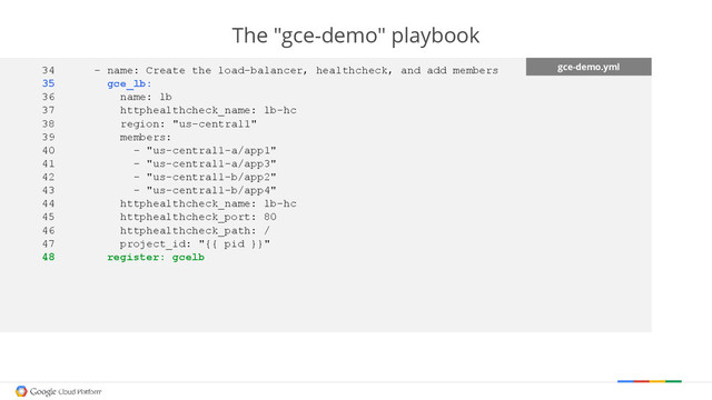 The "gce-demo" playbook
gce-demo.yml
34 - name: Create the load-balancer, healthcheck, and add members
35 gce_lb:
36 name: lb
37 httphealthcheck_name: lb-hc
38 region: "us-central1"
39 members:
40 - "us-central1-a/app1"
41 - "us-central1-a/app3"
42 - "us-central1-b/app2"
43 - "us-central1-b/app4"
44 httphealthcheck_name: lb-hc
45 httphealthcheck_port: 80
46 httphealthcheck_path: /
47 project_id: "{{ pid }}"
48 register: gcelb
