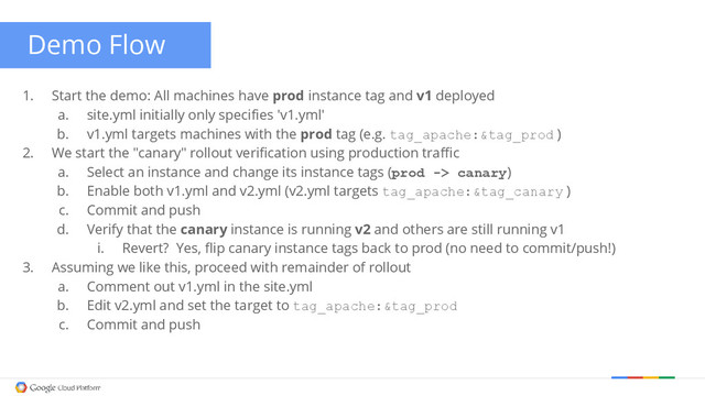 Demo Flow
1. Start the demo: All machines have prod instance tag and v1 deployed
a. site.yml initially only specifies 'v1.yml'
b. v1.yml targets machines with the prod tag (e.g. tag_apache:&tag_prod )
2. We start the "canary" rollout verification using production traffic
a. Select an instance and change its instance tags (prod -> canary)
b. Enable both v1.yml and v2.yml (v2.yml targets tag_apache:&tag_canary )
c. Commit and push
d. Verify that the canary instance is running v2 and others are still running v1
i. Revert? Yes, flip canary instance tags back to prod (no need to commit/push!)
3. Assuming we like this, proceed with remainder of rollout
a. Comment out v1.yml in the site.yml
b. Edit v2.yml and set the target to tag_apache:&tag_prod
c. Commit and push
