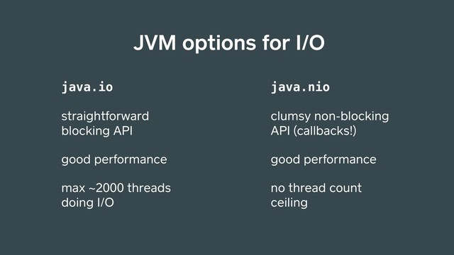 JVM options for I/O
java.io
straightforward
blocking API
good performance
max ~2000 threads
doing I/O
java.nio
clumsy non-blocking
API (callbacks!)
good performance
no thread count
ceiling
