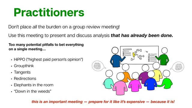 Practitioners
Don’t place all the burden on a group review meeting!
Use this meeting to present and discuss analysis that has already been done.
this is an important meeting — prepare for it like it’s expensive — because it is!
• HiPPO (“highest paid person's opinion”)
• Groupthink
• Tangents
• Redirections
• Elephants in the room
• “Down in the weeds”
Too many potential pitfalls to bet everything
on a single meeting…
