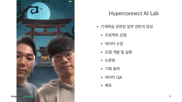 Hyperconnect AI Lab
• ӝ҅೟ण ҙ۲ػ সޖ ੹߈੄ ׸׼
• ೐۽ં౟ ࢶ੿
• ؘ੉ఠ ࣻ૘
• ݽ؛ ѐߊ ߂ प೷
• ֤ޙച
• ӝദ ଵৈ
• ؘ੉ఠ QA
• ߓನ
Sungjoo Ha (shurain.net) 5
