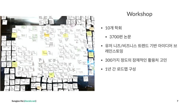 Workshop
• 10ѐ ೟ഥ
• 3700ಞ ֤ޙ
• ਬ੷ פૉ/࠺ૉפझ ౟۪٘ ӝ߈ ই੉٣য ࠳
ۨੋझష߁
• 300о૑ ੿ب੄ ਫ਼੤੸ੋ ഝਊ୊ Ҋ޹
• 1֙ р ۽٘ݗ ҳࢿ
Sungjoo Ha (shurain.net) 7
