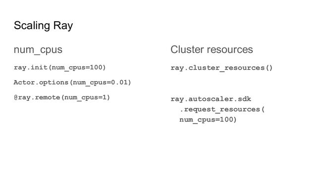 Scaling Ray
num_cpus
ray.init(num_cpus=100)
Actor.options(num_cpus=0.01)
@ray.remote(num_cpus=1)
Cluster resources
ray.cluster_resources()
ray.autoscaler.sdk
.request_resources(
num_cpus=100)
