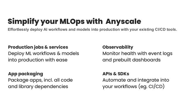 Simplify your MLOps with Anyscale
Effortlessly deploy AI workflows and models into production with your existing CI/CD tools.
Production jobs & services
Deploy ML workflows & models
into production with ease
Observability
Monitor health with event logs
and prebuilt dashboards
App packaging
Package apps, incl. all code
and library dependencies
APIs & SDKs
Automate and integrate into
your workflows (eg. CI/CD)
