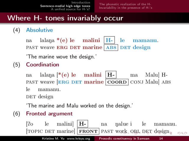 Introduction
Sentence-medial high edge tones
A uniﬁed source for H-’s?
The phonetic realization of the H-
Invariability in the presence of H-’s
Where H- tones invariably occur
(4) Absolutive
na
past
lalaNa
weave
*(e)
erg
le
det
malini
marine
H-
abs
le
det
mamanu.
design
‘The marine wove the design.’
(5) Coordination
na
past
lalaNa
weave
[*(e)
[erg
le
det
malini
marine
H-
coord
ma
conj
Malu]
Malu]
H-
abs
le
det
mamanu.
design
‘The marine and Malu worked on the design.’
(6) Fronted argument
[Po
[topic
le
det
malini]
marine]
H-
front
na
past
Nalue
work
i
obl
le
det
mamanu.
design
Kristine M. Yu www.krisyu.org Prosodic constituency in Samoan 14
