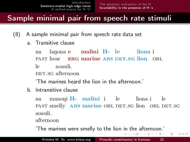 Introduction
Sentence-medial high edge tones
A uniﬁed source for H-’s?
The phonetic realization of the H-
Invariability in the presence of H-’s
Sample minimal pair from speech rate stimuli
(8) A sample minimal pair from speech rate data set
a. Transitive clause
na
past
laNona
hear
e
erg
malini
marine
H-
abs
le
det.sg
liona
lion
i
obl
le
det.sg
aoauli.
afternoon
‘The marines heard the lion in the afternoon.’
b. Intransitive clause
na
past
manoNi
smelly
H-
abs
malini
marine
i
obl
le
det.sg
liona
lion
i
obl
le
det.sg
aoauli.
afternoon
‘The marines were smelly to the lion in the afternoon.’
Kristine M. Yu www.krisyu.org Prosodic constituency in Samoan 22
