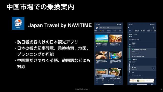 ©NAVITIME JAPAN
தࠃࢢ৔Ͱͷ৐׵Ҋ಺
8
Japan Travel by NAVITIME
• ๚೔؍ޫ٬޲͚ͷ೔ຊ؍ޫΞϓϦ
• ೔ຊͷ؍ޫهࣄӾཡɺ৐׵ݕࡧɺ஍ਤɺ
ϓϥϯχϯά͕Մೳ
• தࠃޠ͚ͩͰͳ͘ӳޠɺؖࠃޠͳͲʹ΋
ରԠ
