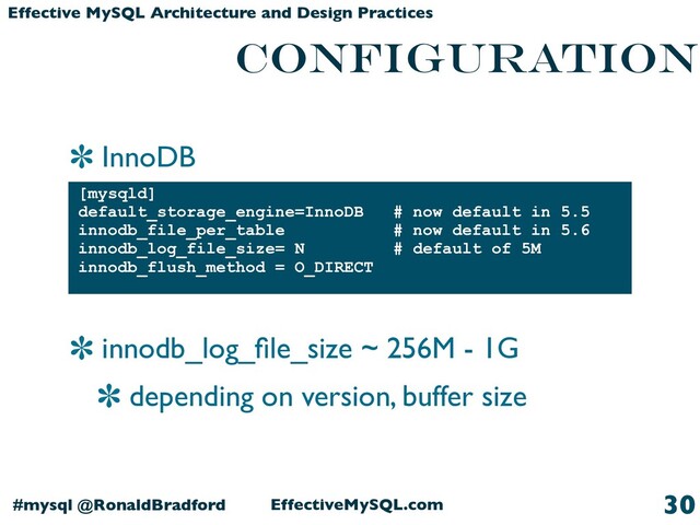 InnoDB
innodb_log_ﬁle_size ~ 256M - 1G
depending on version, buffer size
EffectiveMySQL.com
#mysql @RonaldBradford
Effective MySQL Architecture and Design Practices
CONFIGURATION
[mysqld]
default_storage_engine=InnoDB # now default in 5.5
innodb_file_per_table # now default in 5.6
innodb_log_file_size= N # default of 5M
innodb_flush_method = O_DIRECT
30
