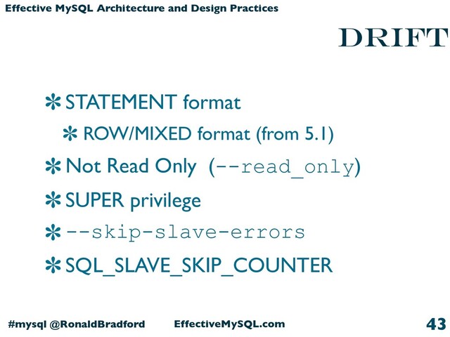 EffectiveMySQL.com
#mysql @RonaldBradford
Effective MySQL Architecture and Design Practices
drift
STATEMENT format
ROW/MIXED format (from 5.1)
Not Read Only (--read_only)
SUPER privilege
--skip-slave-errors
SQL_SLAVE_SKIP_COUNTER
43
