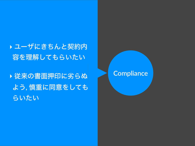 Compliance
Creator
‣ Ϣʔβʹ͖ͪΜͱܖ໿಺
༰Λཧղͯ͠΋Β͍͍ͨ
‣ ैདྷͷॻ໘ԡҹʹྼΒ͵
Α͏, ৻ॏʹಉҙΛͯ͠΋
Β͍͍ͨ
