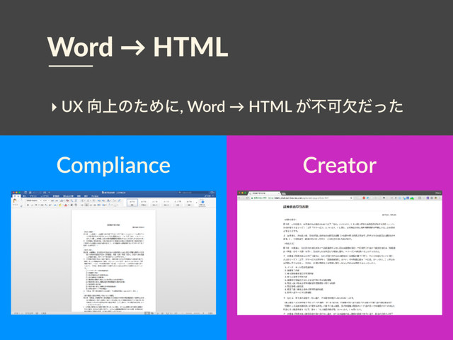 Word → HTML
Creator
Compliance
‣ UX ޲্ͷͨΊʹ, Word → HTML ͕ෆՄܽͩͬͨ
