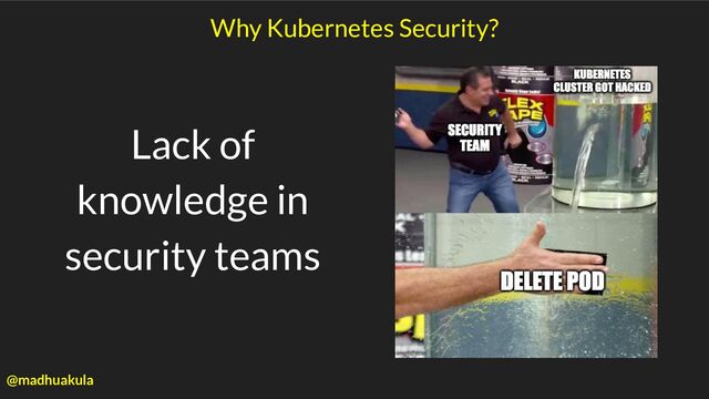 Why Kubernetes Security?
@madhuakula
Lack of
knowledge in
security teams
