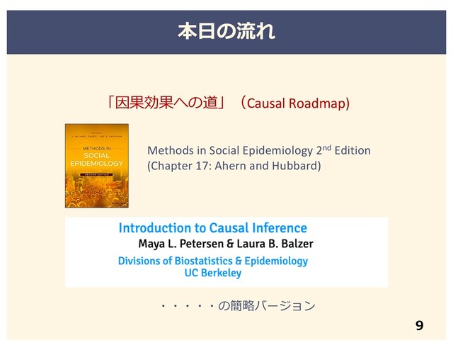 「因果効果への道」（Causal Roadmap)
Methods in Social Epidemiology 2nd Edition
(Chapter 17: Ahern and Hubbard)
9
本⽇の流れ
・・・・・の簡略バージョン
