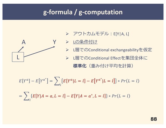 88
g-formula / g-computation
Ø アウトカムモデル︓E[Y|A, L]
Ø Lの条件付け
Ø L層でのConditional exchangeabilityを仮定
Ø L層でのConditional Effectを集団全体に
標準化（重み付け平均を計算）
A Y
L
 ! −  !∗
= H
*
 !| =  −  !∗
| =  ∗   = 
= H
*
 | = ,  =  −  | = ∗,  =  ∗   = 
