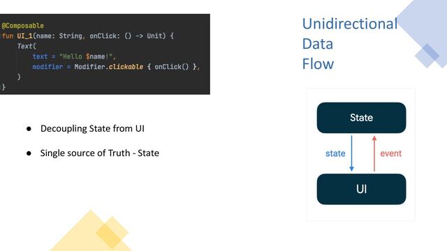 Unidirectional
Data
Flow
● Decoupling State from UI
● Single source of Truth - State
