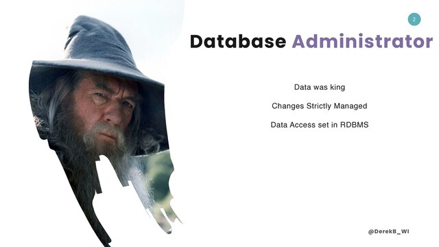@DerekB_WI
2
Database Administrator
Data was king
Changes Strictly Managed
Data Access set in RDBMS
