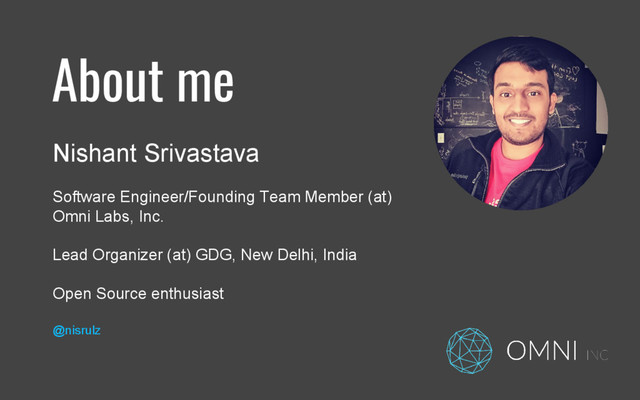 About me
Nishant Srivastava
Software Engineer/Founding Team Member (at)
Omni Labs, Inc.
Lead Organizer (at) GDG, New Delhi, India
Open Source enthusiast
@nisrulz
