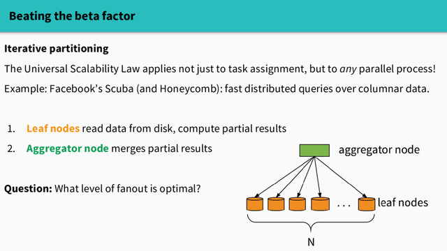 Beating the beta factor
Iterative partitioning
The Universal Scalability Law applies not just to task assignment, but to any parallel process!
Example: Facebook’s Scuba (and Honeycomb): fast distributed queries over columnar data.
1. Leaf nodes read data from disk, compute partial results
2. Aggregator node merges partial results
Question: What level of fanout is optimal?
