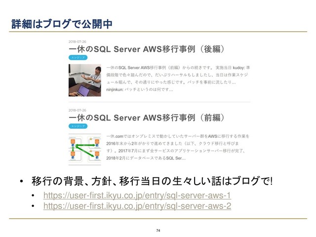 74
詳細はブログで公開中
• https://user-first.ikyu.co.jp/entry/sql-server-aws-1
• https://user-first.ikyu.co.jp/entry/sql-server-aws-2
• 移行の背景、方針、移行当日の生々しい話はブログで!
